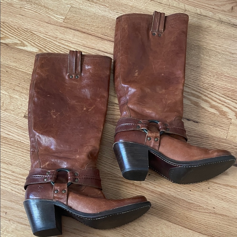 Frye Cognac Brown Leather Mid-Calf Harness Boots